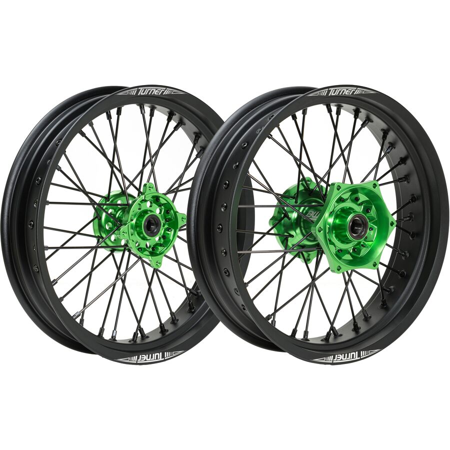Turner Performance Products Supermoto Titan Front And Rear Wheel Set - Green Hub/Black Rim, Front 3.5x17 / Rear 4.25x17