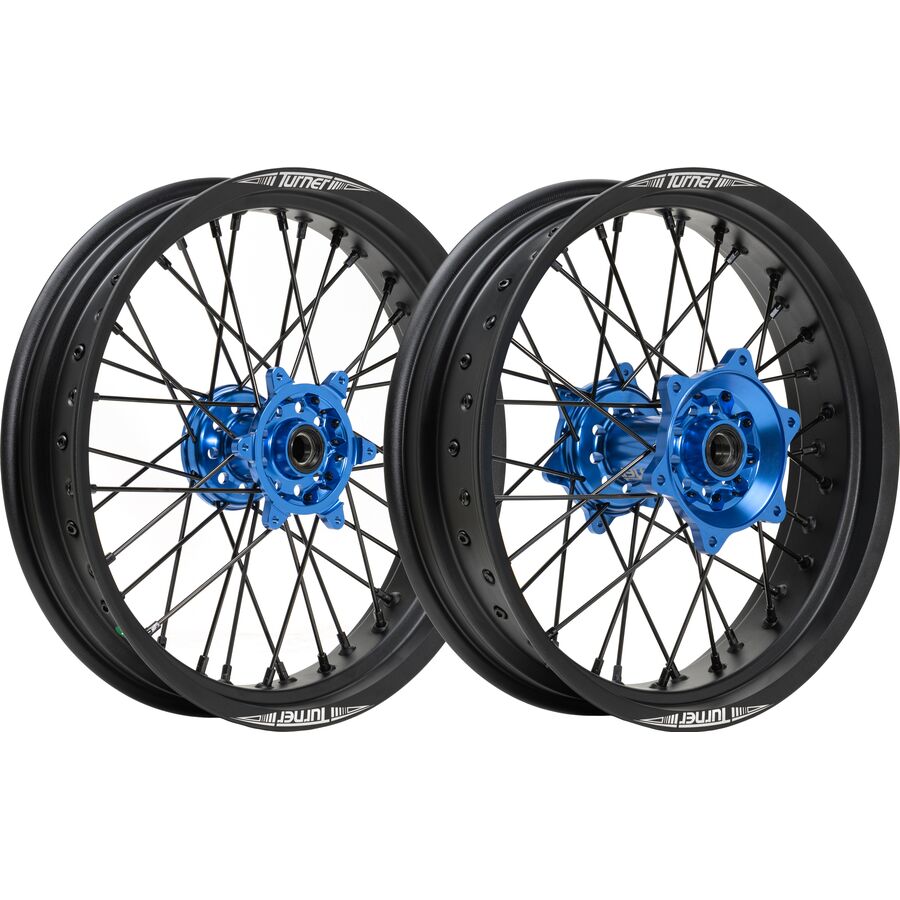 Turner Performance Products Supermoto Titan Front And Rear Wheel Set - Blue Hub/Black Rim, Front 3.5x17 / Rear 4.25x17