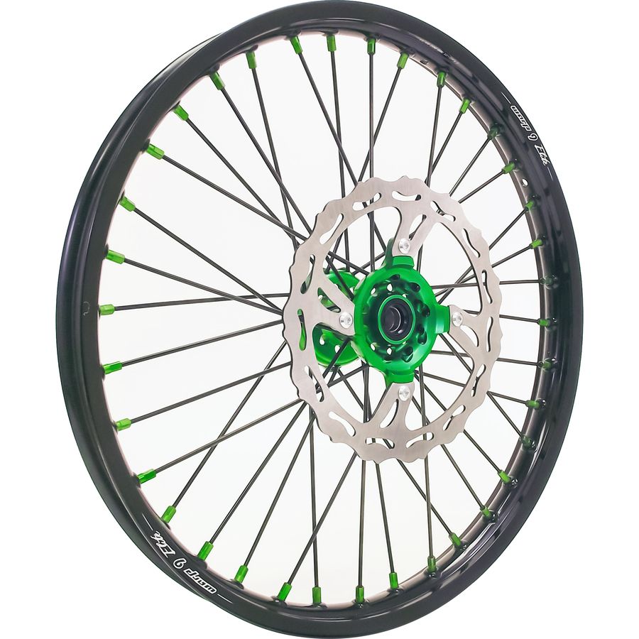 Warp 9 Elite Complete Front Wheel - Green Hub/Black Rim/Black Spokes/Green Nipples, 1.60X21